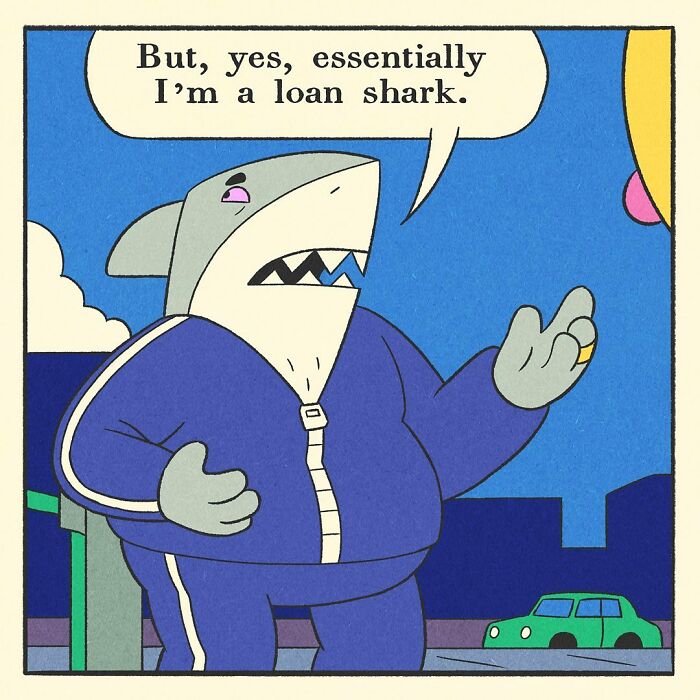 Muscular shark character in a blue tracksuit pointing, with speech bubble in a comic about a bodybuilding duck’s soft heart.