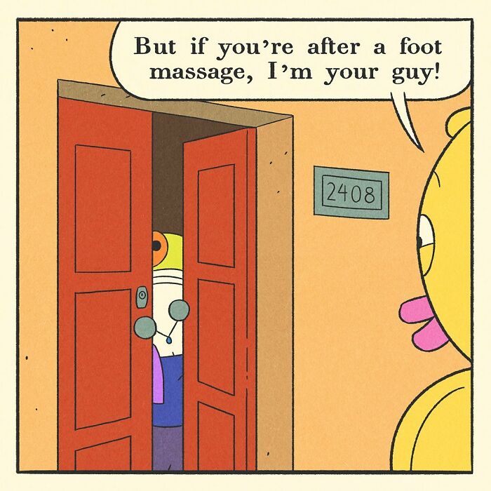 Bodybuilding duck cartoon character with a worried expression saying oh that's no good in a comic panel.