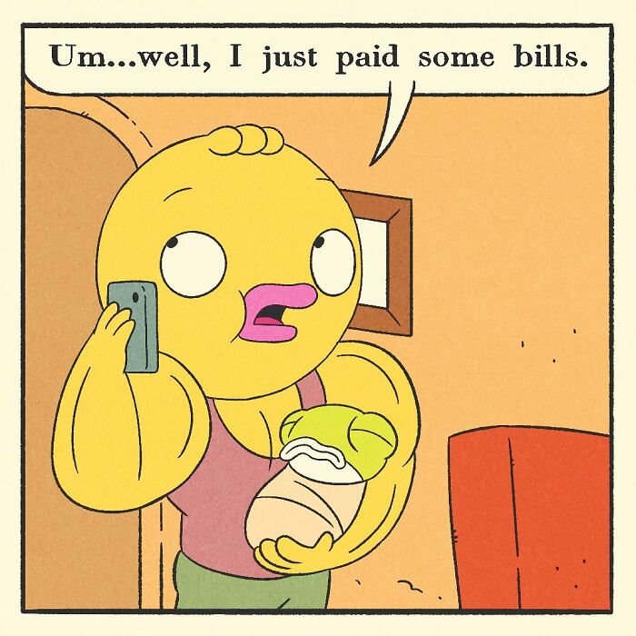 Muscular cartoon duck feeding a baby with a bottle, showing a mix of bodybuilding strength and soft heart in a comic style.