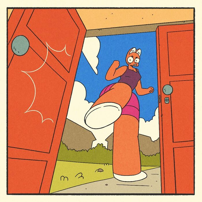 Comic illustration of a bodybuilding duck with a soft heart gently holding a small bird in a cozy living room.