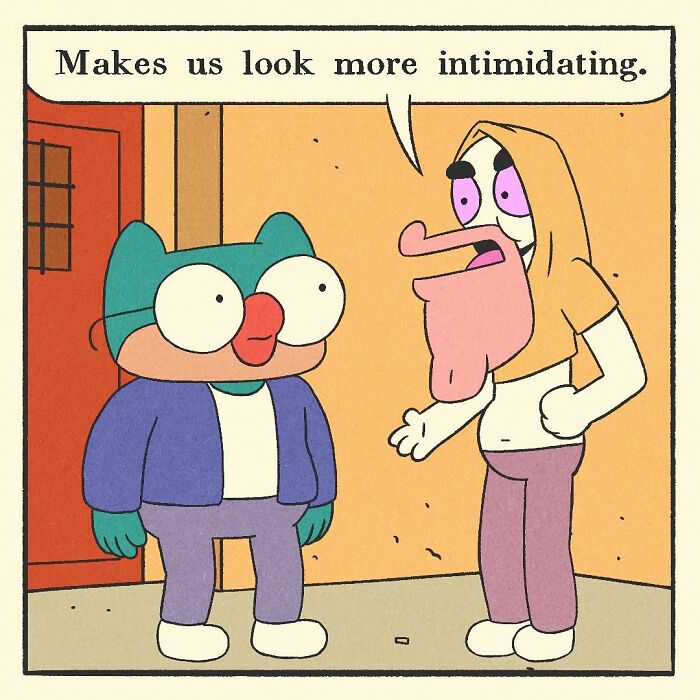 Bodybuilding duck with a soft heart and a worried cat character sitting in a car, expressing they make a bad team.