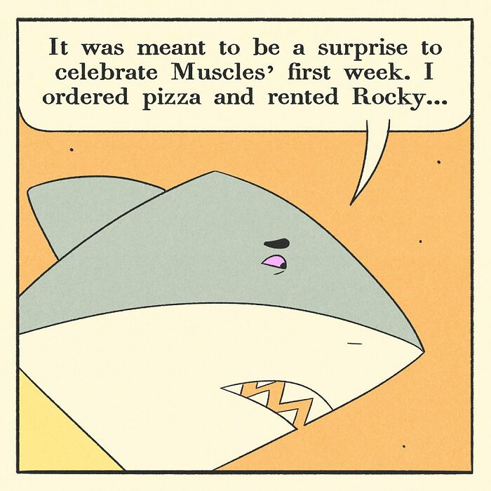 Bodybuilding duck character holding a baby, standing between a fox and a shark in a comic-style illustration.