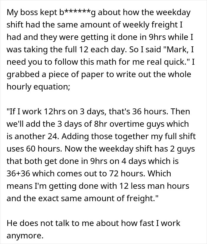Text showing a worker explaining math to boss about weekly hours and workload, highlighting client message tasks ignored.