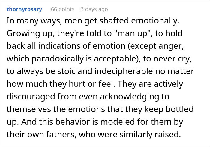 Text about emotional struggles men face, highlighting how fathers model stoic behavior and discourage showing feelings.