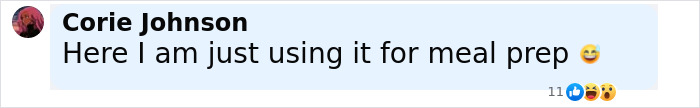 Screenshot of a social media comment by Corie Johnson mentioning using AI for meal prep with emoji reaction icons visible. Screenshot of a social media comment by Corie Johnson mentioning using AI for meal prep with emoji reaction icons visible.