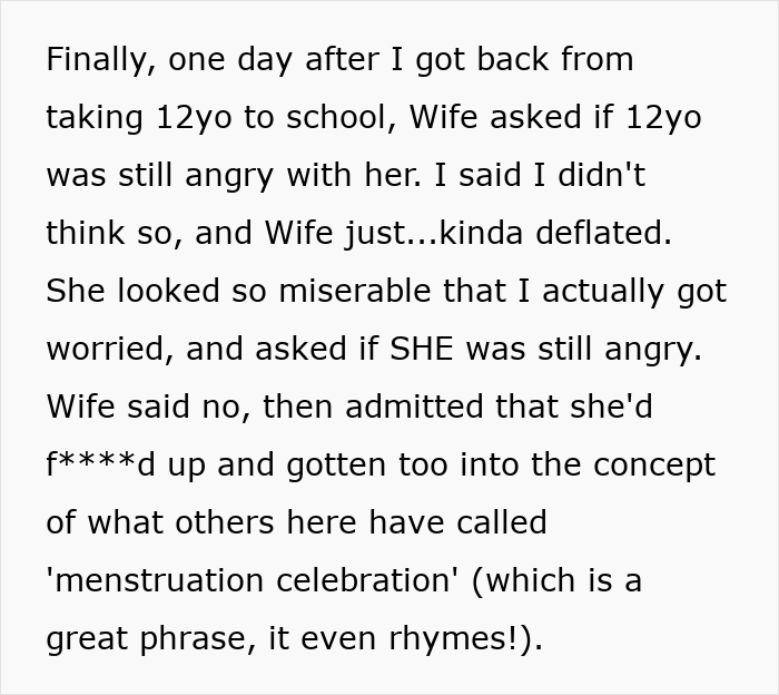 Text excerpt discussing a mom reflecting on her 12-year-old daughter’s menstruation celebration and complications involved. Text excerpt discussing a mom reflecting on her 12-year-old daughter’s menstruation celebration and complications involved.