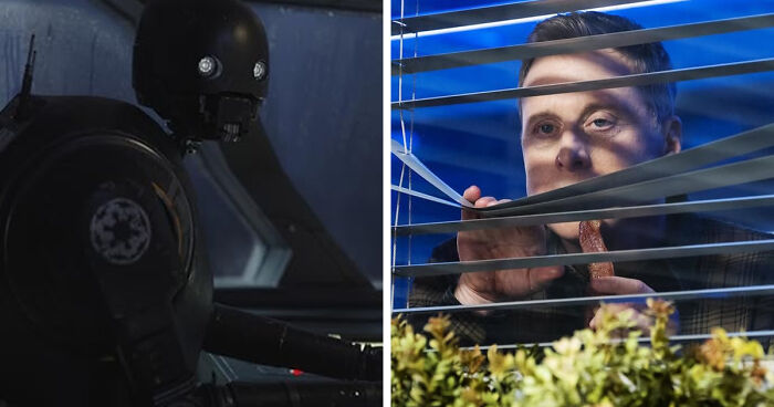 Side-by-side images showing a man peeking through window blinds and a black robot, revealing mind-blowing realization same actor.