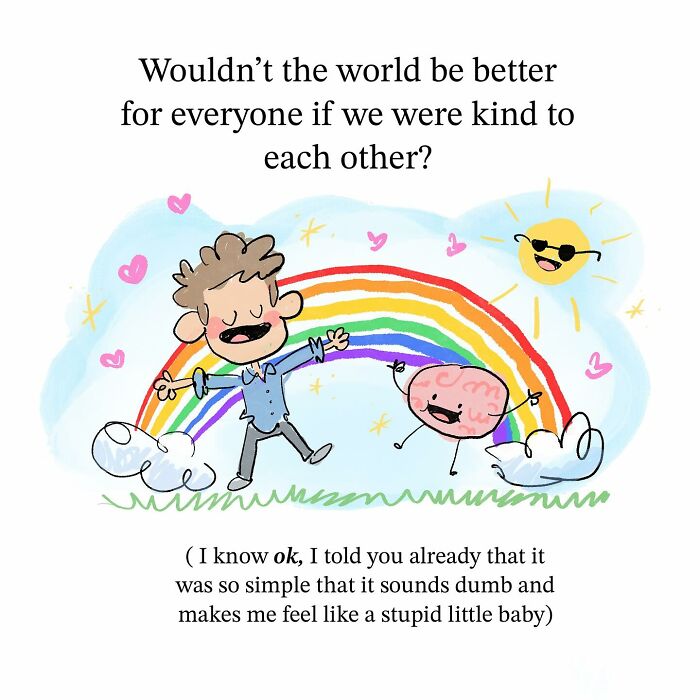 Cartoon Earth and moon with faces in space, illustrating a funny comic about perspective and the brain.