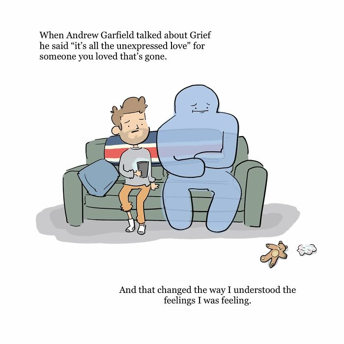 Illustration of a person sitting beside a large blue figure on a couch, depicting grief and inner struggle in funny comics.