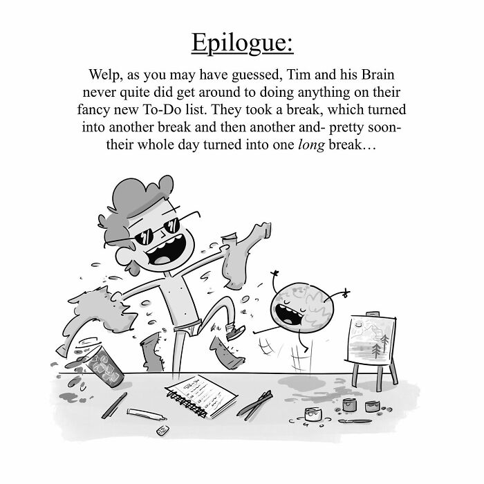 Person and brain arguing with each other about productivity in a funny comic from 40 funny comics series.