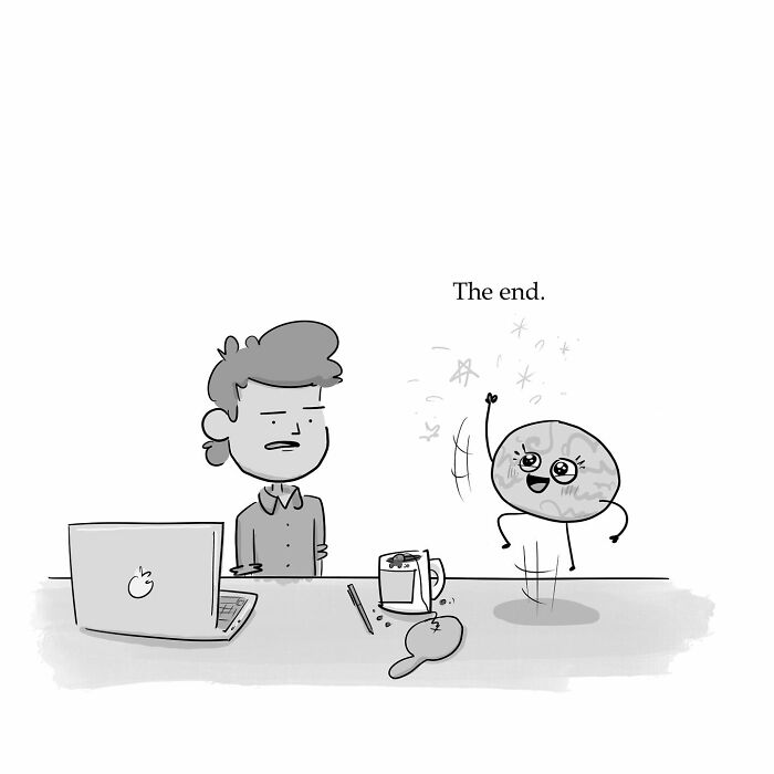 Person working on laptop being distracted by a funny comic brain with a paddle, illustrating arguing with their own brain.