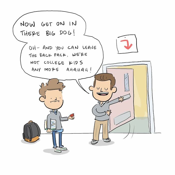 Cartoon showing a person approaching Age-Con building with a 2024 blimp and cars under spotlights in a funny comic style.