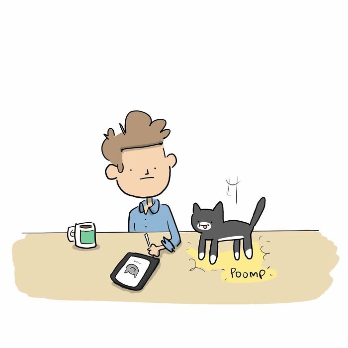 Cartoon of a person smiling at a table with a mug and a tablet showing a funny comics drawing.