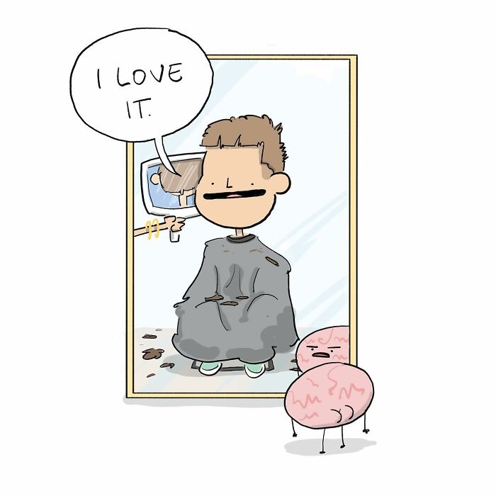 Cartoon comic showing a person being sprayed in the head by a brain character, humorous comic about arguing with brain.