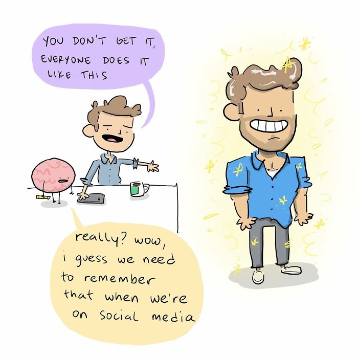 Funny comics showing a person ignoring their brain, which is drawing a colorful picture nearby.