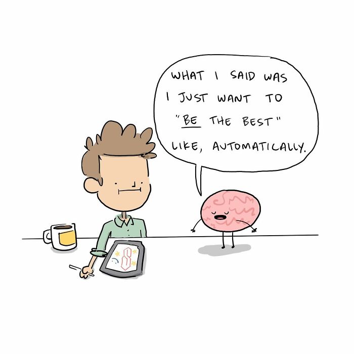 Cartoon of a person drawing with a walking brain beside them labeled walking with purpose, funny comics brain theme.