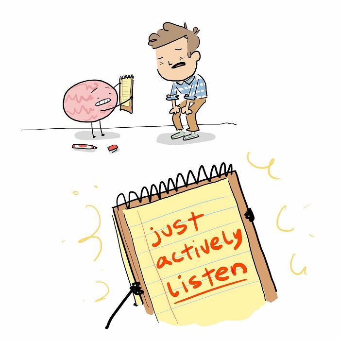 Cartoon of a man holding a smiling brain character with a balloon, illustrating funny comics about arguing with your brain.