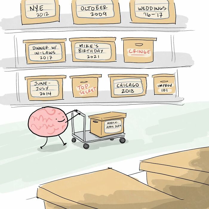 Man happily waving goodbye while a small brain with legs writes notes, illustrating funny comics about arguing with your brain.