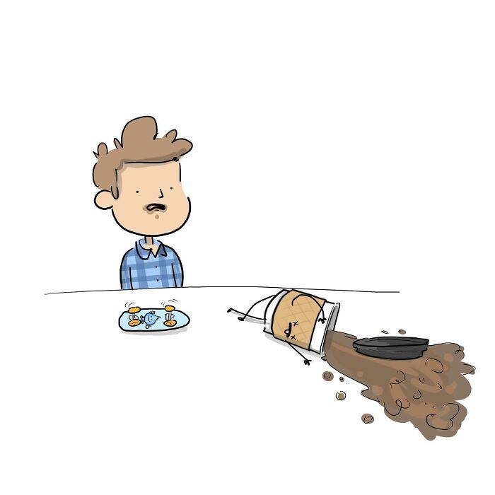 Funny comics showing a person talking to a walking coffee cup offering an energy boost in a humorous brain argument.