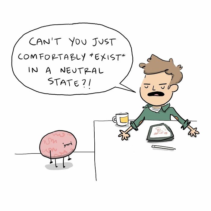 Funny comic showing a person arguing with their own brain about having more coffee at the table.