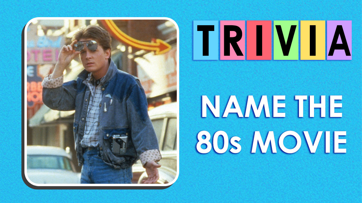 80s movie trivia quiz with vintage style, featuring a young man in denim jacket adjusting sunglasses on a city street.