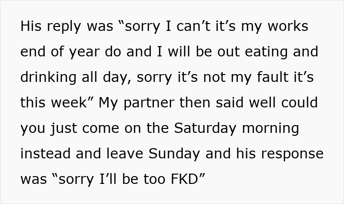 Text showing a grandpa refusing babysitting duty, choosing a party weekend instead, angering his daughter-in-law. Text showing a grandpa refusing babysitting duty, choosing a party weekend instead, angering his daughter-in-law.