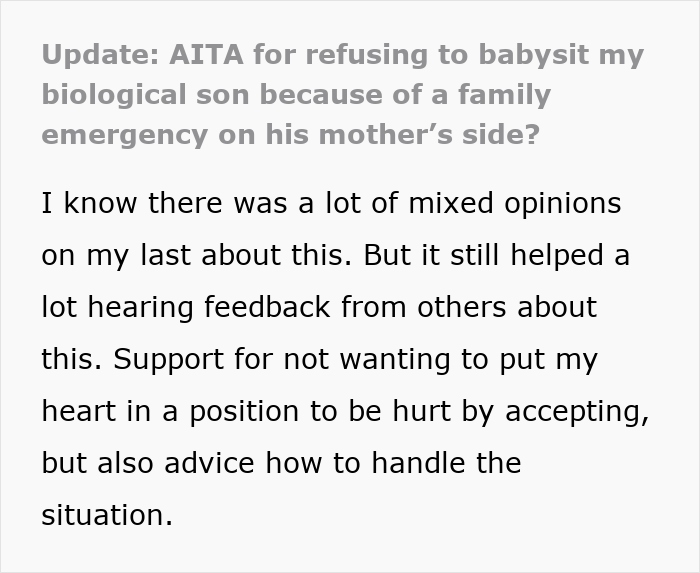 Text excerpt discussing bio dad refusing to babysit during family drama, sharing mixed opinions and advice on the situation.