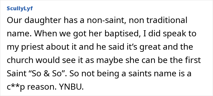 Comment discussing a baby’s non-traditional name and the church’s view on saints names after baptism.