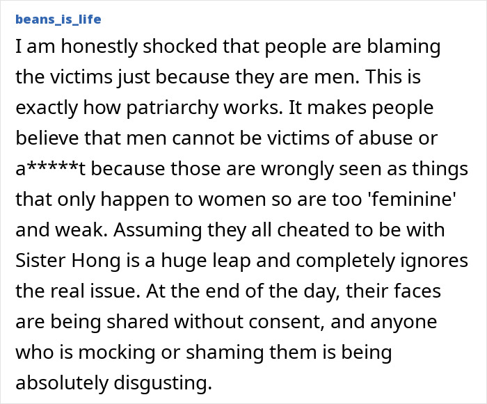 Comment discussing victim blaming and consent issues related to viral predator Sister Hong secretly filming intimate encounters. Comment discussing victim blaming and consent issues related to viral predator Sister Hong secretly filming intimate encounters.