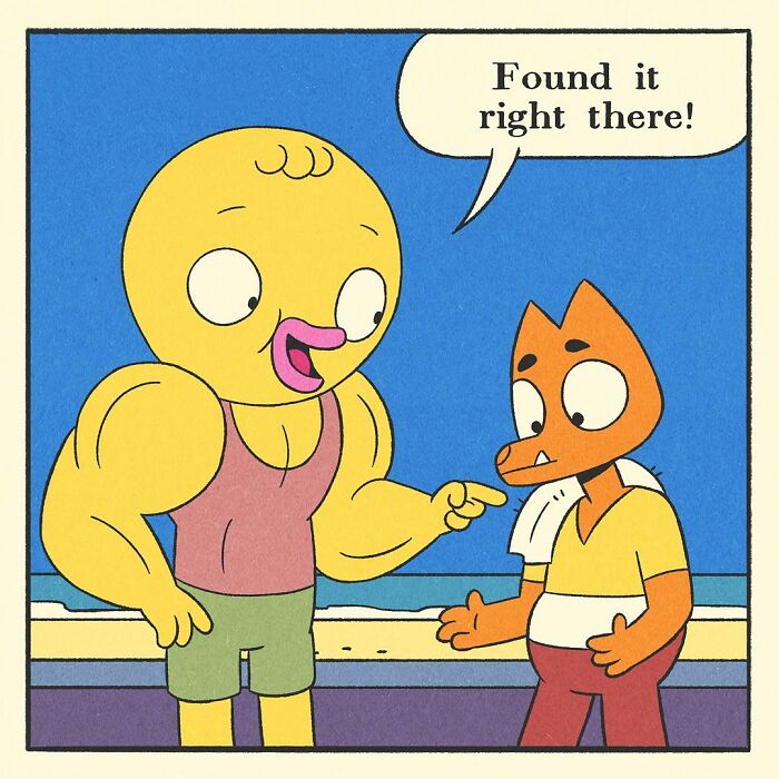 Bodybuilding duck with muscular arms sitting on a green gym bench by the beach with a surprised expression.