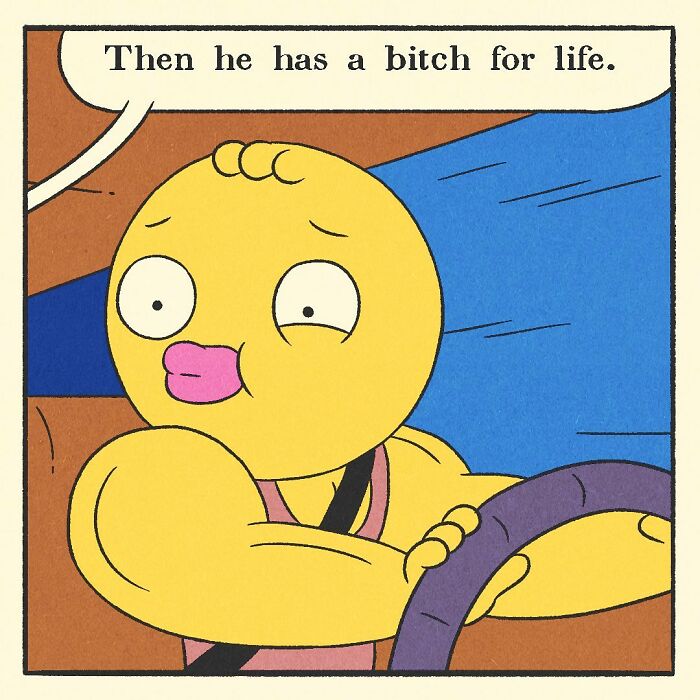 Comic panel featuring a bodybuilding duck driving a red car with a cat passenger, showcasing the character’s soft heart.