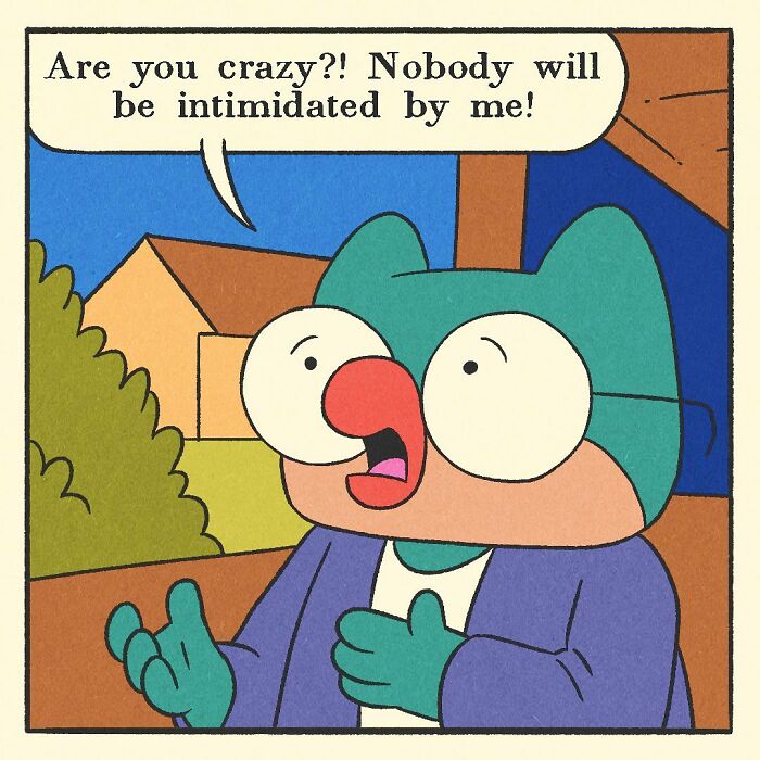 Colorful comic scene showing a cartoon duck character driving a red car past a house with a backyard grill overturned.