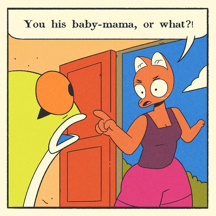 Comic illustration of a bodybuilding duck with a soft heart gently holding a small bird in a cozy living room.