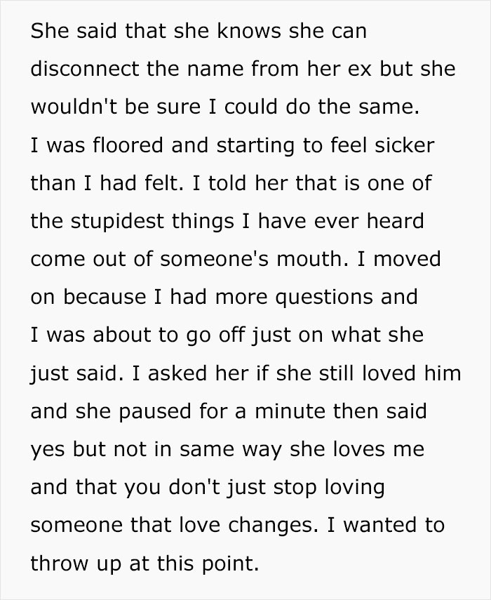 Text from a husband describing feeling sick after realizing who their son is named after, expressing shock and emotional turmoil. Text from a husband describing feeling sick after realizing who their son is named after, expressing shock and emotional turmoil.