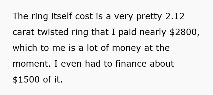 Close-up of a 2.12 carat twisted engagement ring with a small design, highlighting the cost and financing details.