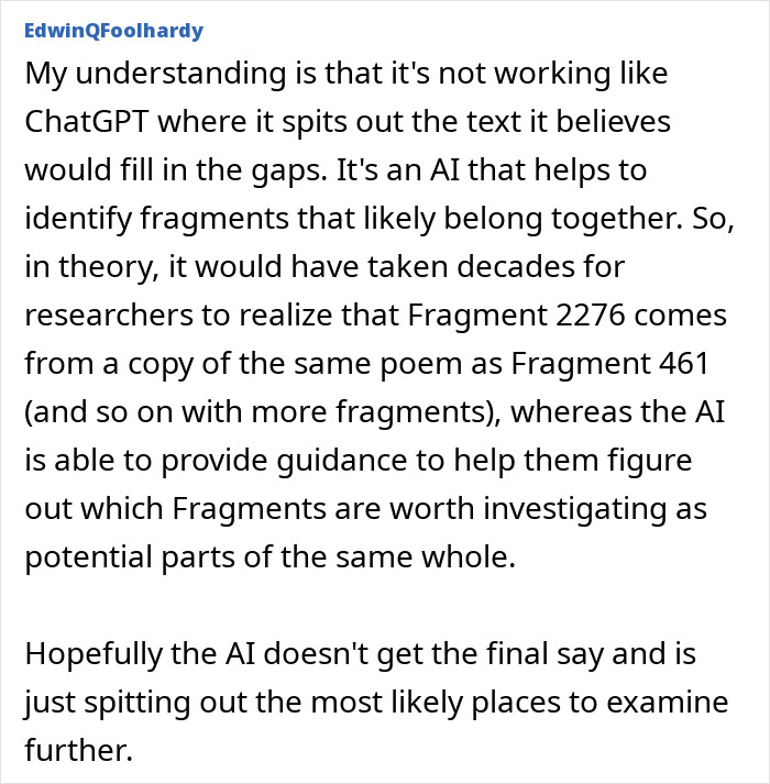 Comment discussing how AI helps scientists decipher mysterious 3,000-year-old text revealing ancient roles of women.