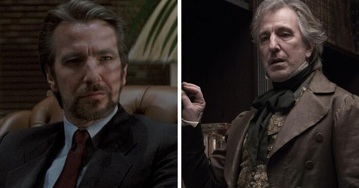 Side-by-side images of the same actor portraying two different characters in distinct costumes and settings.