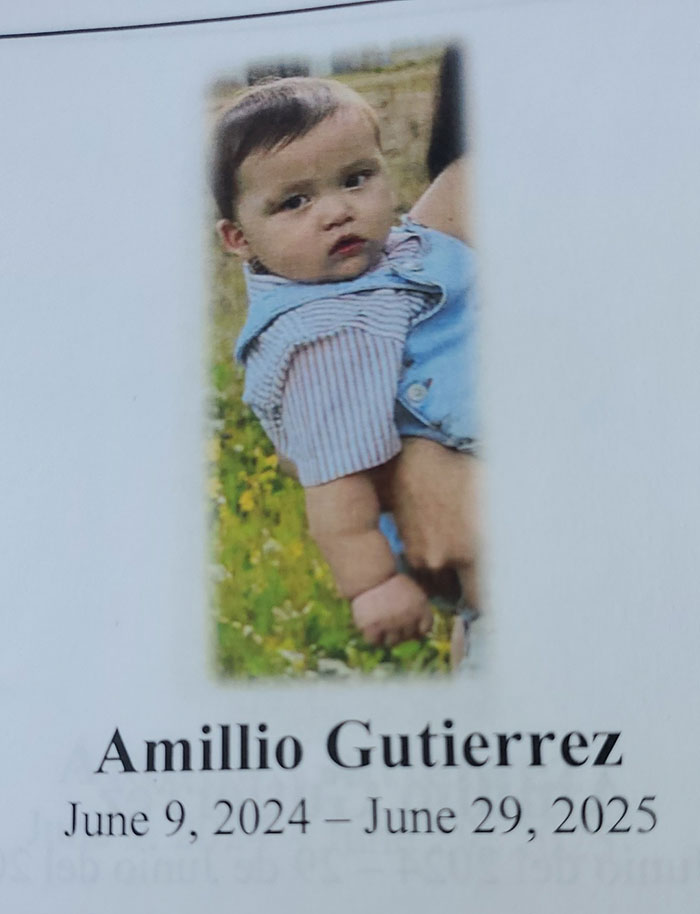 Photo of baby Amillio Gutierrez with birth and death dates, relating to after baby lost his life in car incident.