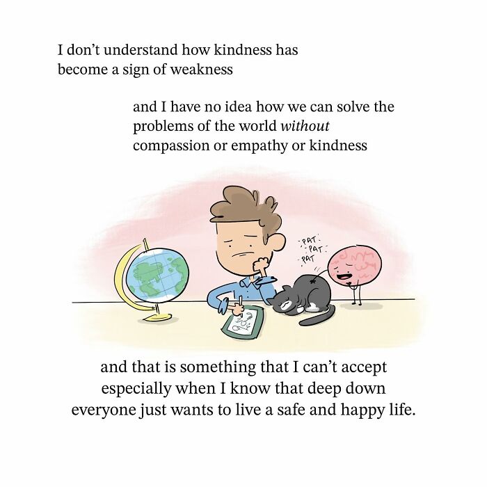 Cartoon Earth and moon with faces in space, illustrating a funny comic about perspective and the brain.