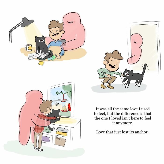 Illustration of a person sitting beside a large blue figure on a couch, depicting grief and inner struggle in funny comics.