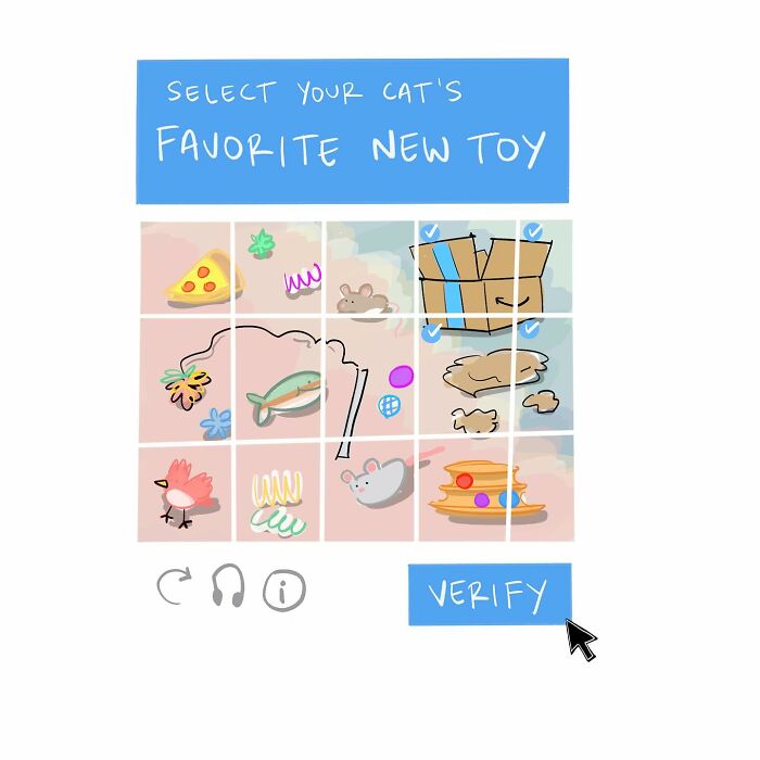 Hand-drawn comic showing a checkbox labeled Im not a robot with a submit button and cursor pointer.