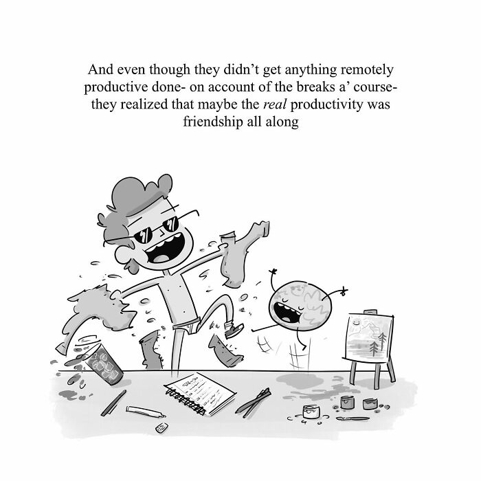 Person and brain arguing with each other about productivity in a funny comic from 40 funny comics series.