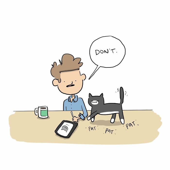 Cartoon of a person smiling at a table with a mug and a tablet showing a funny comics drawing.