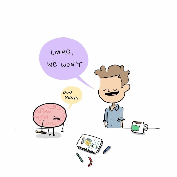 Funny comics showing a person ignoring their brain, which is drawing a colorful picture nearby.