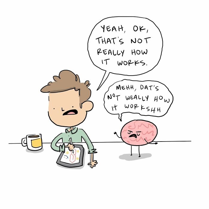 Cartoon of a person drawing with a walking brain beside them labeled walking with purpose, funny comics brain theme.