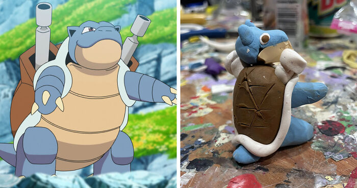 Poorly-made favorite Pokemons clay figure resembling Blastoise with rough texture and simple details on a paint-splattered surface.