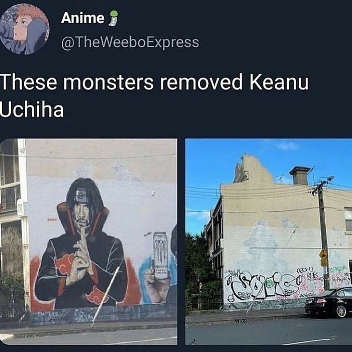 Street art of Keanu Uchiha removed from a wall, showing weird and unhinged humor in a cityscape setting.