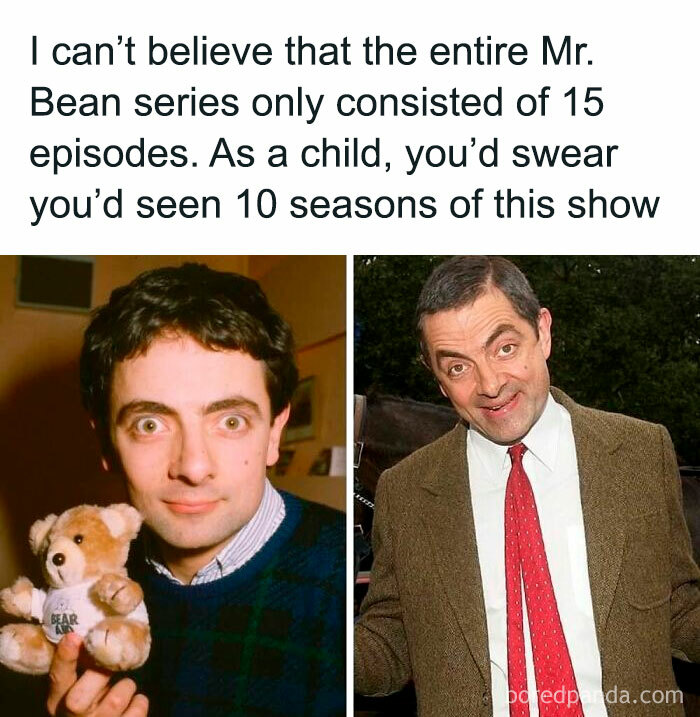 90s nostalgia with Mr. Bean images highlighting memorable moments from classic 90s TV shows and childhood memories.