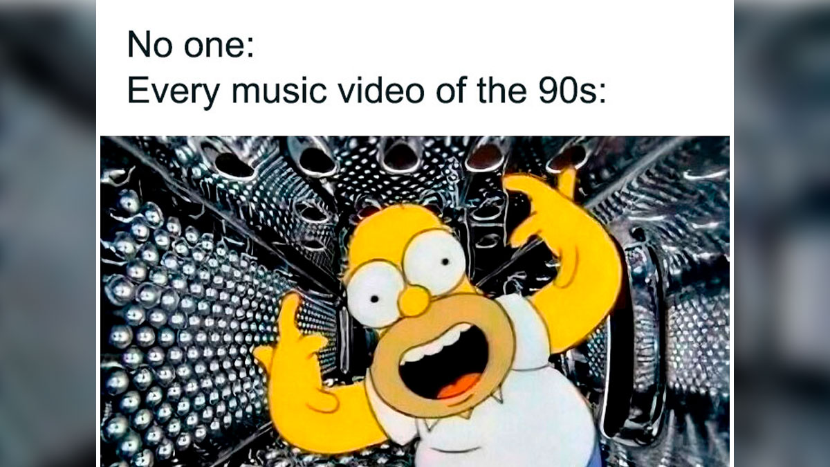 Animated character Homer Simpson making wild gestures inside a shiny metallic room, capturing 90s nostalgic posts vibe.
