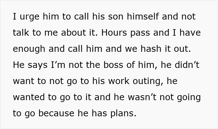 Text excerpt showing a grandpa refusing babysitting duty to attend a work outing despite pressure from family. Text excerpt showing a grandpa refusing babysitting duty to attend a work outing despite pressure from family.